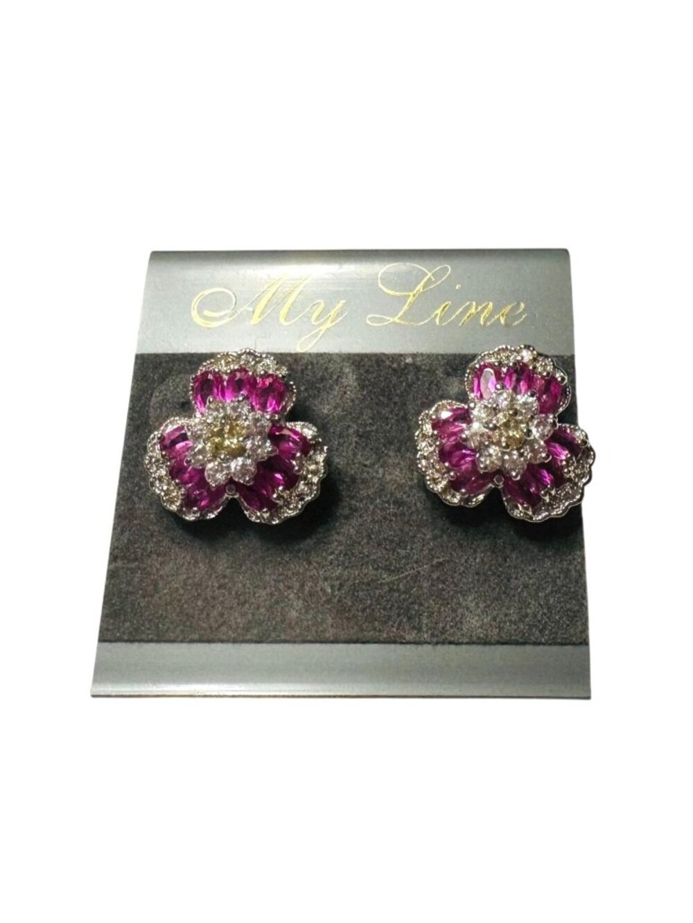 My Lane Pink & Yellow Floral Rhinestone Stud Earrings Silver Tone